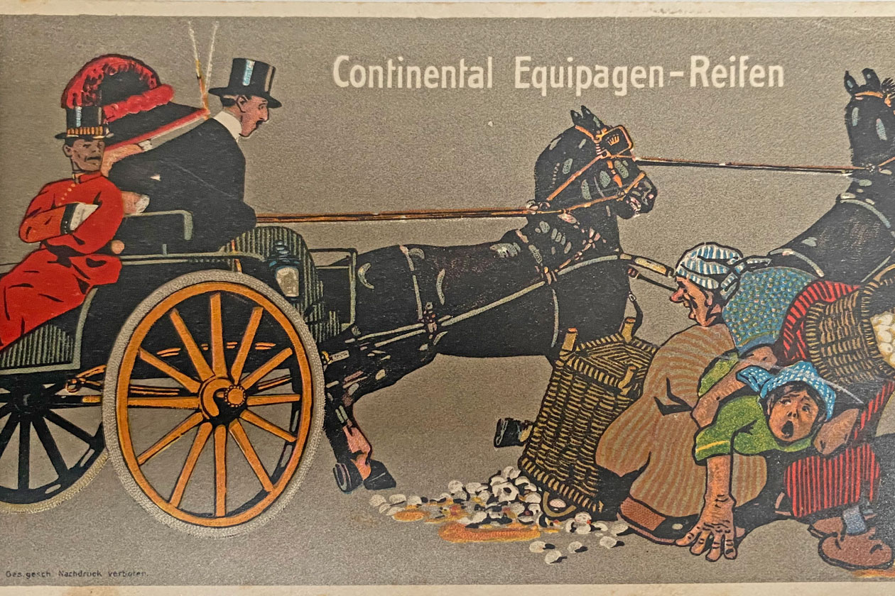 Kutschen, Kultur & Events - Die ersten Reifen aus Caoutchouc von Continental haben es in sich! Postkart 1918